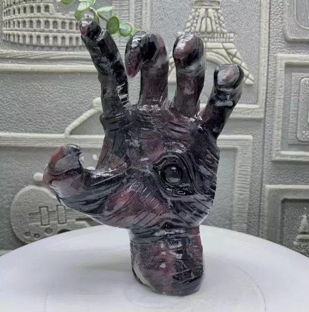 1370g Natural Garnet Quartz Carved Hand Skull Crystal Reiki Healing Gem