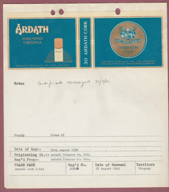 EMPTY cigarette tobacco packet registration certificate 1930 Ardath Uruguay #971