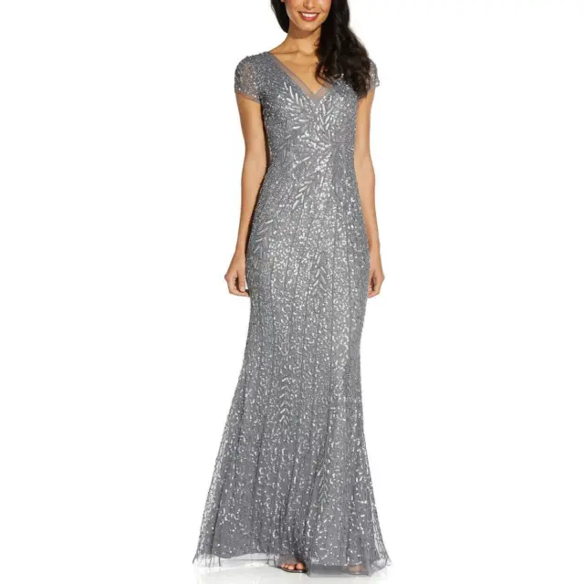 Adrianna Papell Womens Gray Beaded Mermaid Formal Evening Dress Gown 0 BHFO 8457