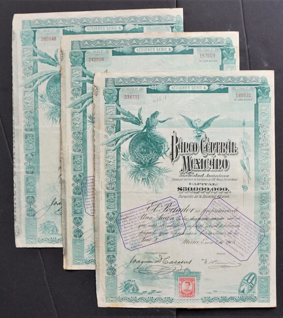 Mexico - Banco Central Mexicano - 1908 - share A 100 pesos "blueberry"  3x