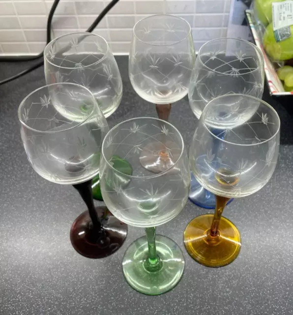 Set of 6 Vintage Etched Patterned Wine Glasses - Multi Coloured Stems