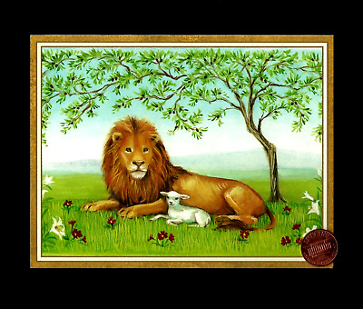 HTF VINTAGE CASPARI Lion Lamb Tree Grass - GOLD SHINE Greeting Card W/ TRACKING