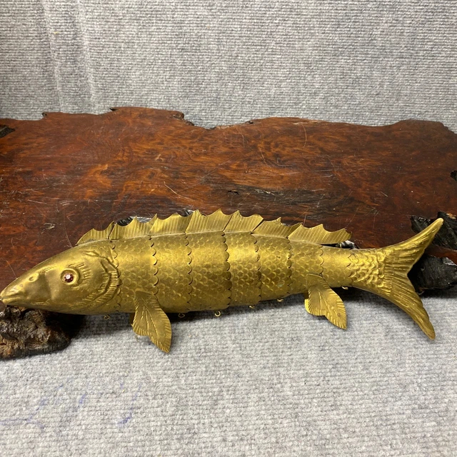 BRASS ARTICULATED FISH with Purple Eyes Rare Vintage 14" Long £180.79