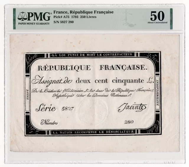 FRANCE banknote 250 Livres 1793 PMG grade AU 50 About Uncirculated