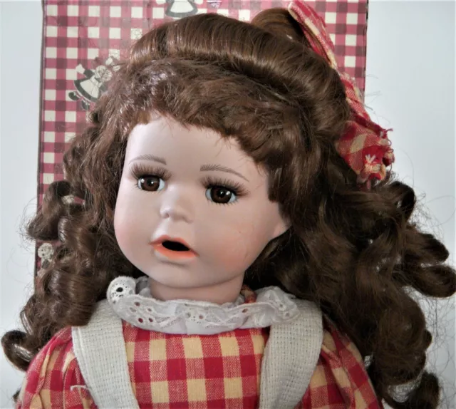 18" PORCELAIN GIRL W/ RAG DOLL Original BOX- PLAID DRESS BOW- First Owner