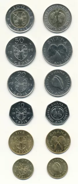 Ghana - 1 + 5 + 10 + 20 + 50 + 100 Cedis 1984 - 1999 UNC - KMS Satz aus 6 Münzen
