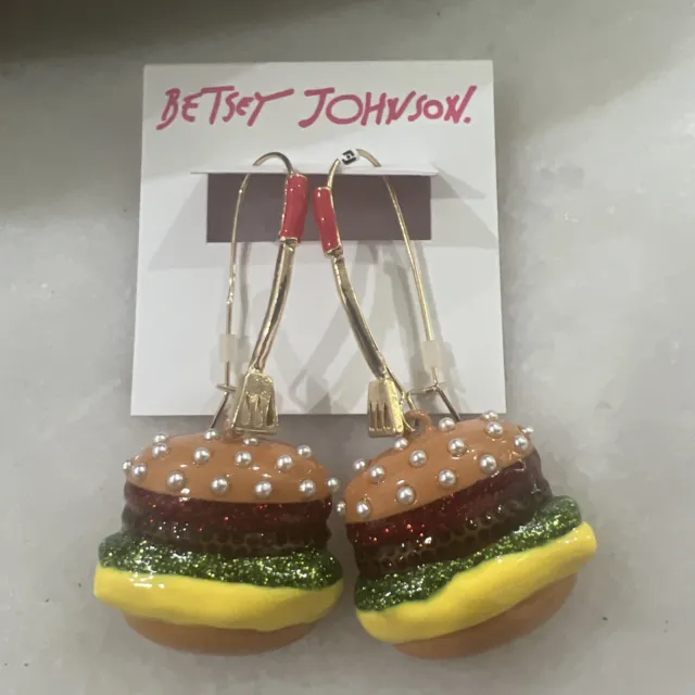 NWT Betsey Johnson Gold Tone Hamburger Dangle Earrings