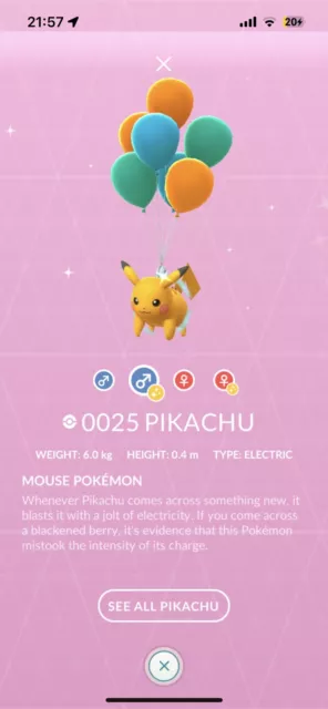 PokéMon Go Shiny Pikachu Flying With Green Balloons - trade 20k Stradust .