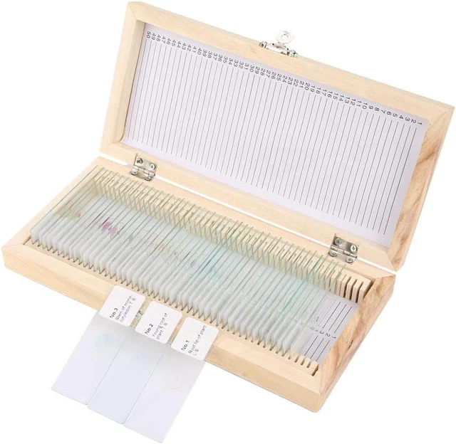 50PCS BIOLOGY GLASS Prepared Microscope Slides Set with Wood Box for ...