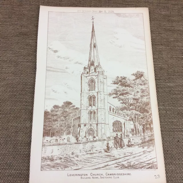 1885 original Architects print - Leverington Church - Cambridgeshire