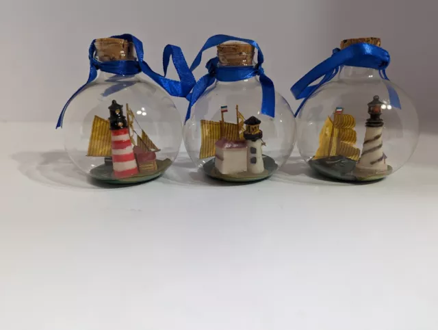 Ship in a Bottle Lighthouse  Ornaments Lot Of 3