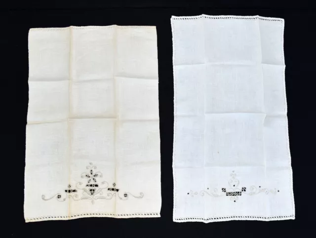 2 Vintage Ecru & Cream Linen Floral & Abstract Embroidered Hand Towels