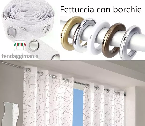 FETTUCCIA CON BORCHIE fascia nastro per tende anelli tondi bianco e  trasparente EUR 10,50 - PicClick IT