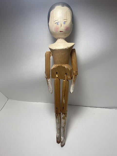 Grodnertal Grodner Tal Style Wooden 11.5" Carved Peg Doll - Vintage/Antique