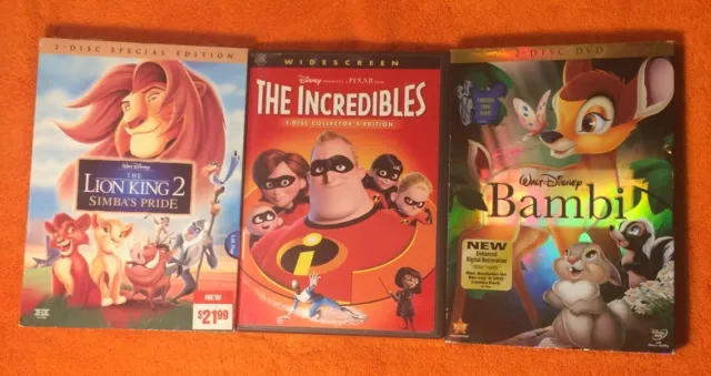 Kids Walt Disney Movies DVD Lot of 3 - Bambi, Lion King 2, Incredibles (Pixar)