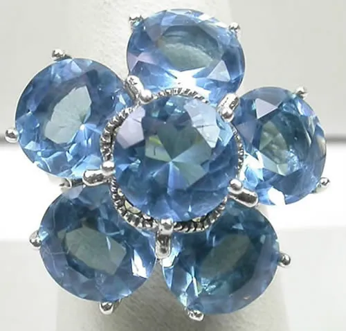 Large Blue Cubic Zirconia Flower Ring in Sterling Silver