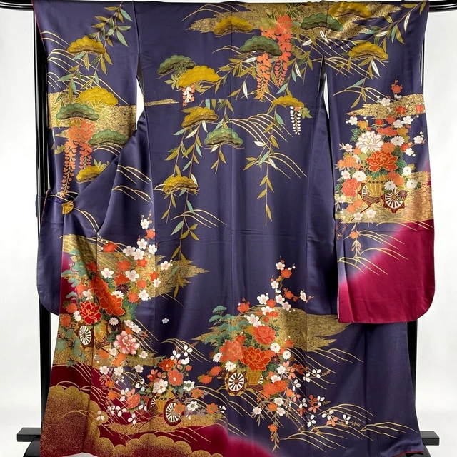 Japanese kimono SILK"FURISODE" long sleeves,Gold leaf, Rowel, Purple ,64.5".2087