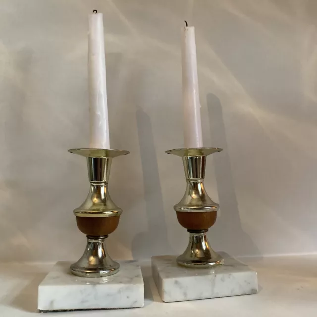 Vintage Brass/wood Marble Base Candlesticks Pair Mid Century Modern 5.5”