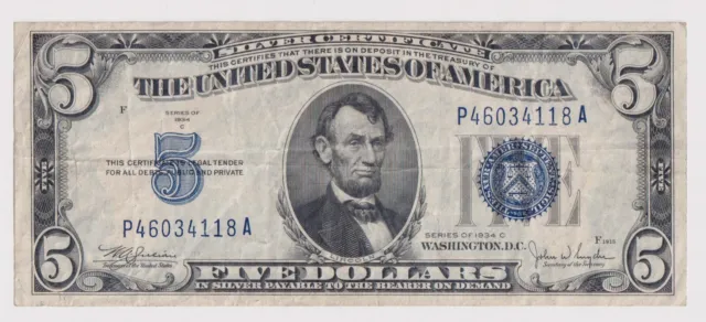Crisp VF 1934 Plain 5 Five Dollar Note Bill Silver Certificate Blue Seal