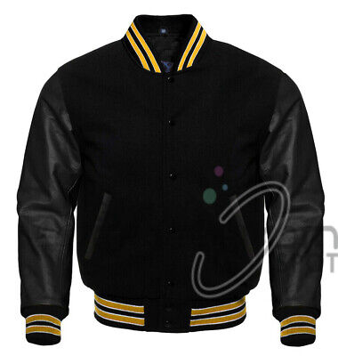 Varsity Letterman Solid Black Wool & Leather Sleeves Bomber style College Jacket
