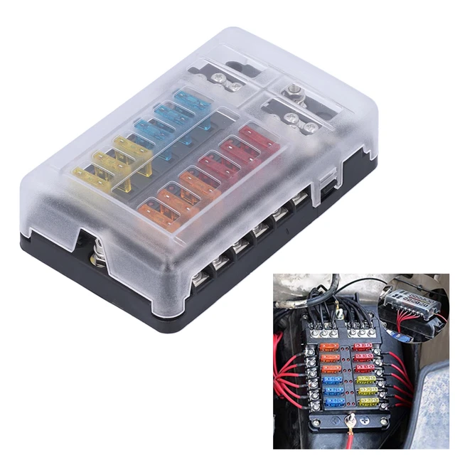 Boîte à Fusibles 12 Voitures 12V - Avec LEDs D'Alerte - 12 Fusibles Inclus - Pour Voiture, Bateau, Camping-car