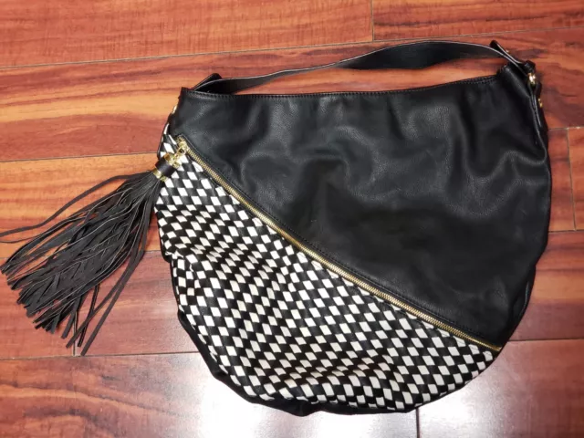 Big Buddha Black & White Slouchy Hobo Bag. Vegan Faux Leather Fringe& Gold Metal