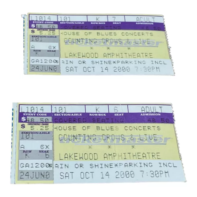 Lot of 2 Counting Crows & Live Ticket Stubs - 2000 Lakewood Arena Atlanta, GA