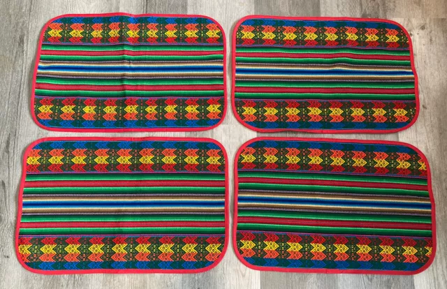 Woven Textile Vtg Southwest NATIVE Rainbow Ethnic 4PC SET Placemats BOHO
