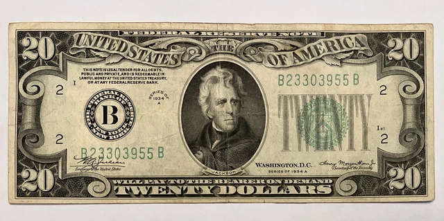 B New York $20  Series of 1934A Green Seal Federal Reserve Note