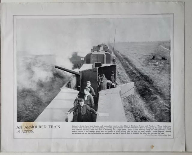1915 Ww1 Print & Text Armoured Train Three Engines Mounted With Quick Firers
