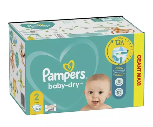 Pack 124 Couches PAMPERS Baby-Dry Taille 2 (4 à 8 KG) Lot Change Bébé Protection