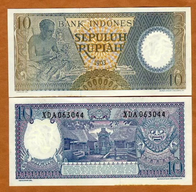 Indonesia, 10 Rupiah, 1963, P-89, Ch. UNC Wood Carver, XDA Replacement