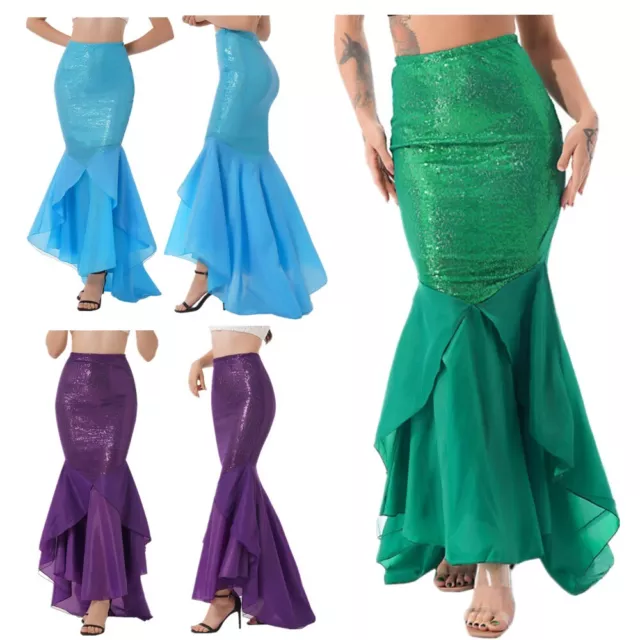 UK Womens Sparkling Sequins Mermaid Tail Maxi Skirt Cosplay  Fancy Dress Costume