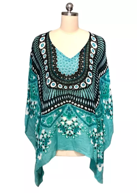 Theodora & Callum Caftan Tunic Top Linen Blend Turquoise Geo Print Women’s Sz OS