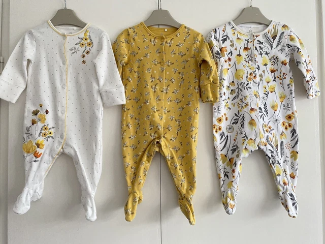Baby Girls NEXT 0-3 Months Babygrow Sleepsuit Bundle Yellow Floral White