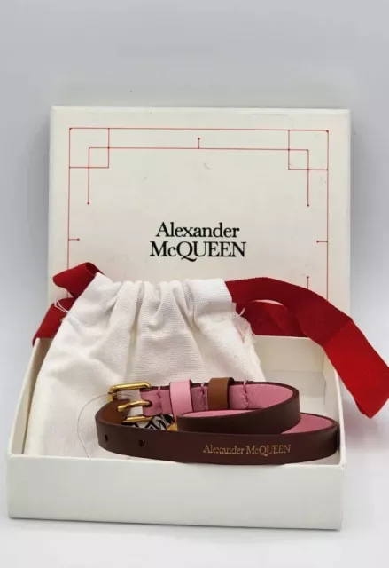 Alexander McQueen Pink Brown Leather Double Wrap Bracelet Skull Gold Charm BNIB