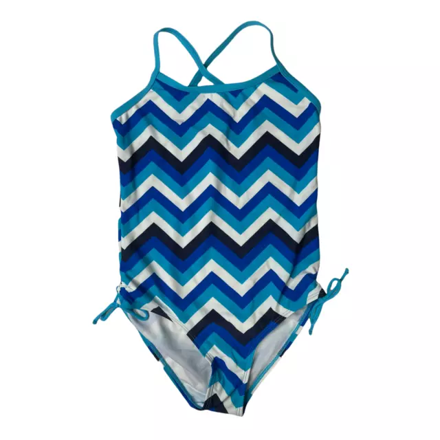 Kanu Surf Girls Big Bali Beach Sport Banded Swimsuit Olivia Blue Chevron Sz 10