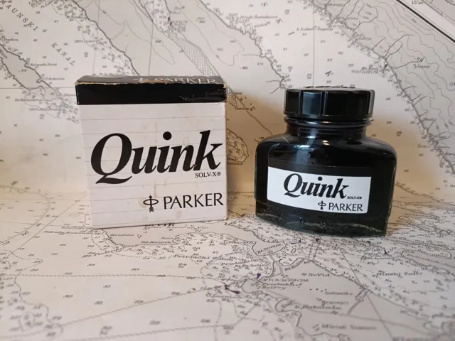 Vintage Parker Quink Black Ink for Fountain Pen 2fl oz Glass Bottle Box