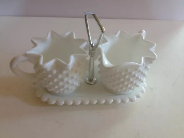Vintage White Milk Glass Hobnail 3 Pc. Set Sugar, Creamer & Tray With Handle