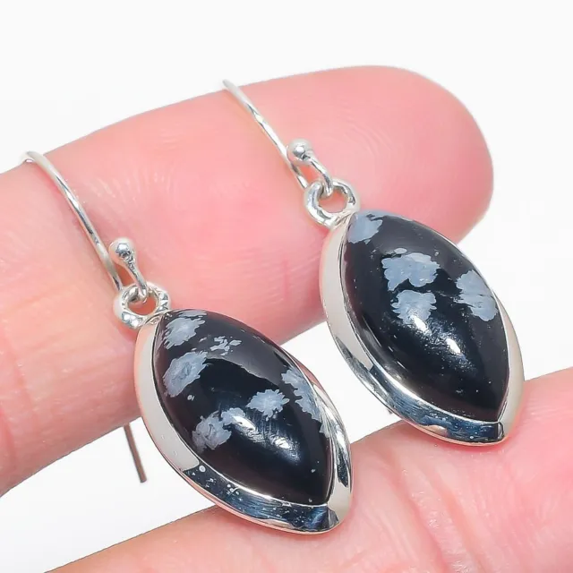 Snow Flake Obsidian Gemstone 925 Solid Sterling Silver Jewelry Earring 1.50''