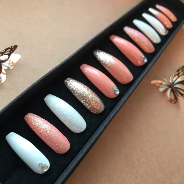 Hand Painted False Nails XL COFFIN (or ANY) Glitter Coral Orange, Gold & White