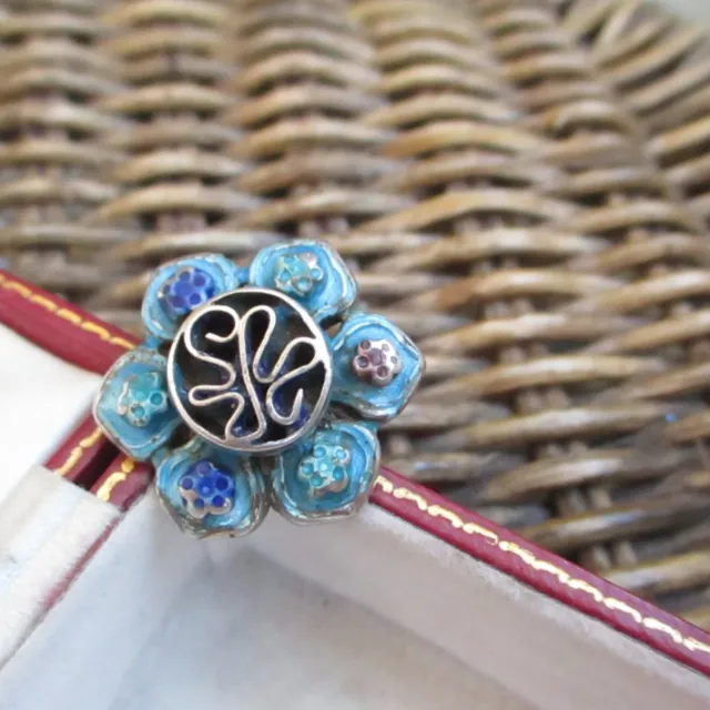Stunning Vintage Or Antiqiue Sterling Silver Chinese Export Enamel Ring