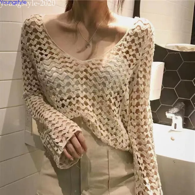 Women Retro Knit Crochet Loose Casual Hollow Pullover Shirts Tops Blouse Tunic 2