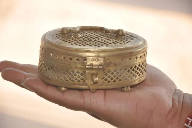 Vintage Brass Jali Cut Work Oval Shape Handcrafted Jewellery/Betel Nut Box