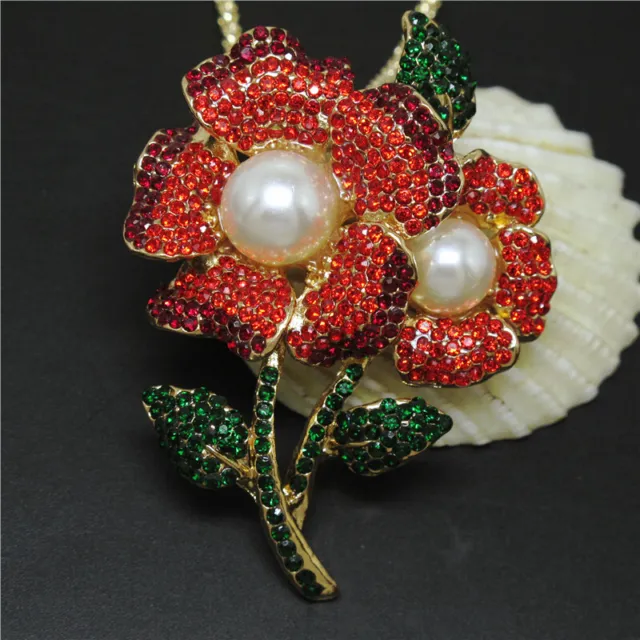 New Fashion Red Bling Two Flower Pearl Crystal Pendant Chain Women Gift Necklace