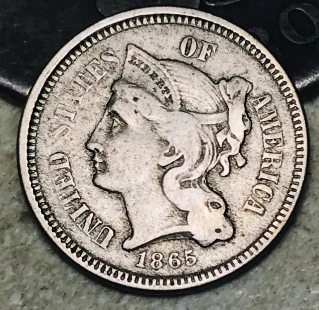 1865 Three Cent Nickel Piece 3C Circulated Civil War Date US Type Coin CC18166