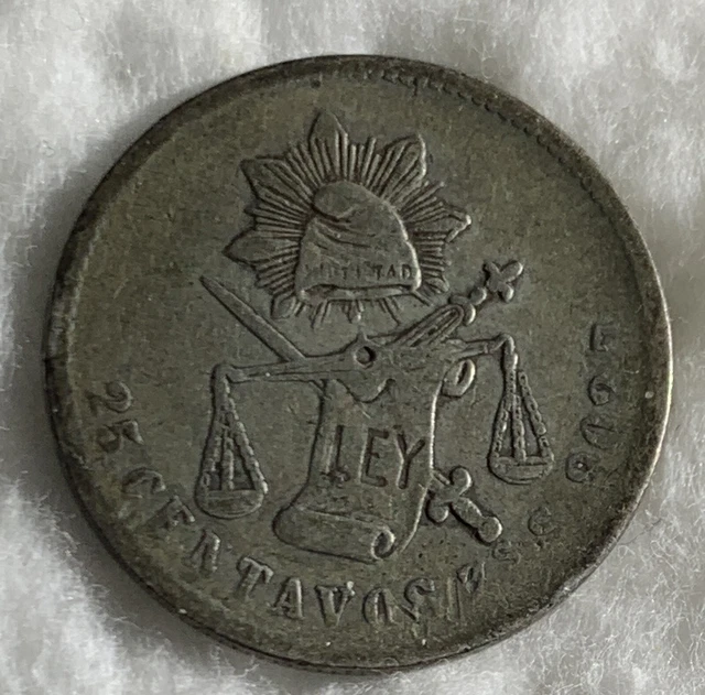 1884 Mexico 25 Cents Silver Coin
