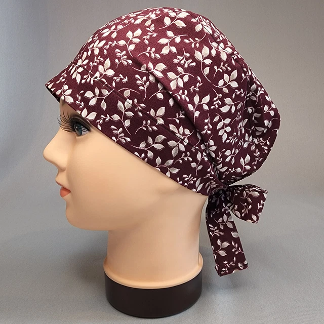 Maroon Floral Women's Pixie Scrub Cap w Hair Pocket Surgical Hat Nurse Scrubcaps