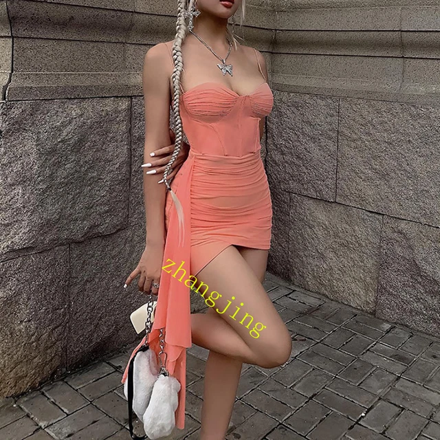 New sexy Spice girl dress mesh suspender irregular package hip skirt