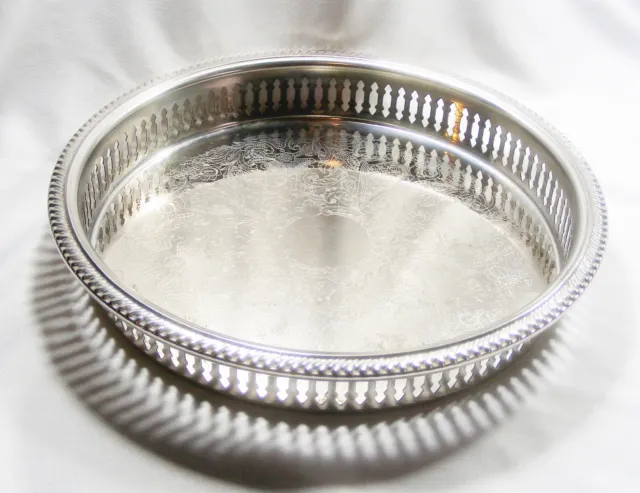 Vintage Silver Plated Round Gallery Tray Small Cocktail Drinks Display Engraved